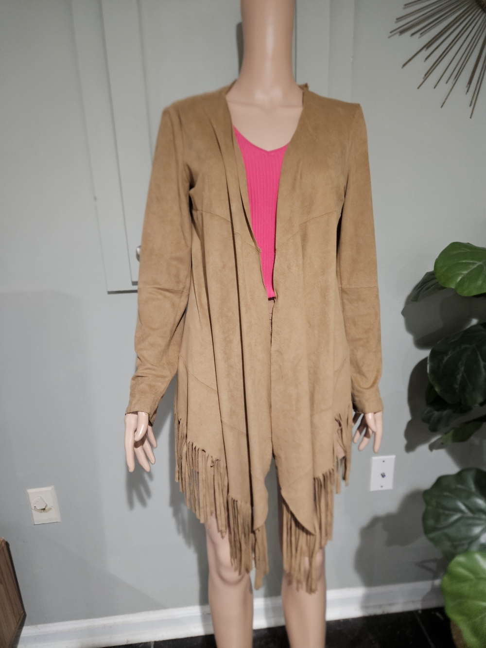 Zara Faux Suede Fringe Cardigan Jacket Western Boho Duster Tan. Size M - Picture 8 of 15